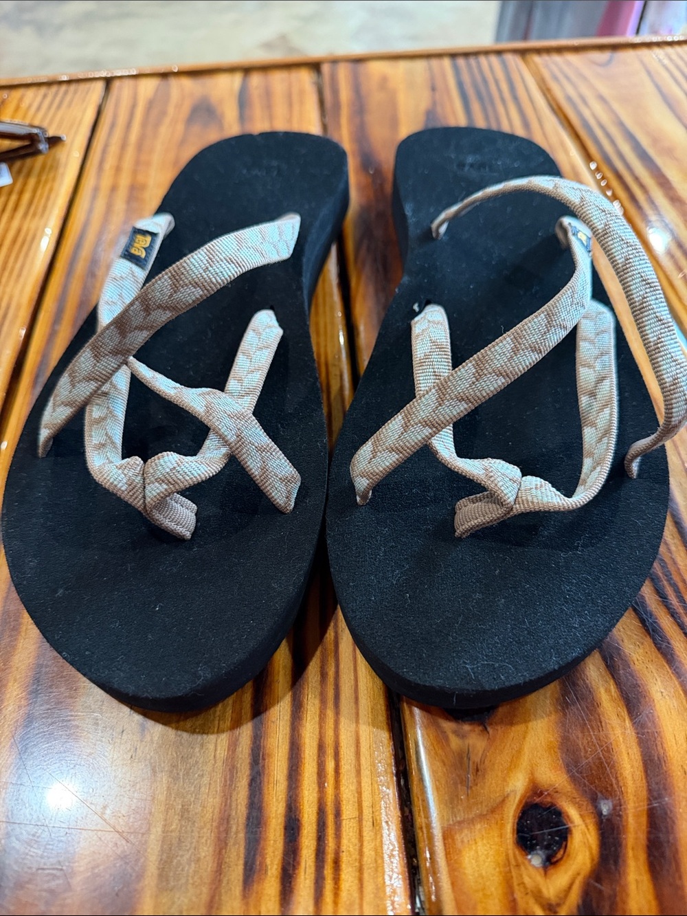 Teva Women's Black Footbed Sandals with Beige Straps